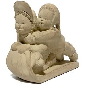 Sleigh Ride Kids on Sled Austin Sculpture Clay Figurine Vintage 7" x 5"